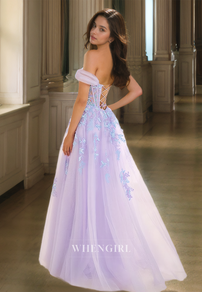 Off-Shoulder Sweetheart A-Line Sleeveless High Slit Lace Prom Dress with Appliques Evening Dress