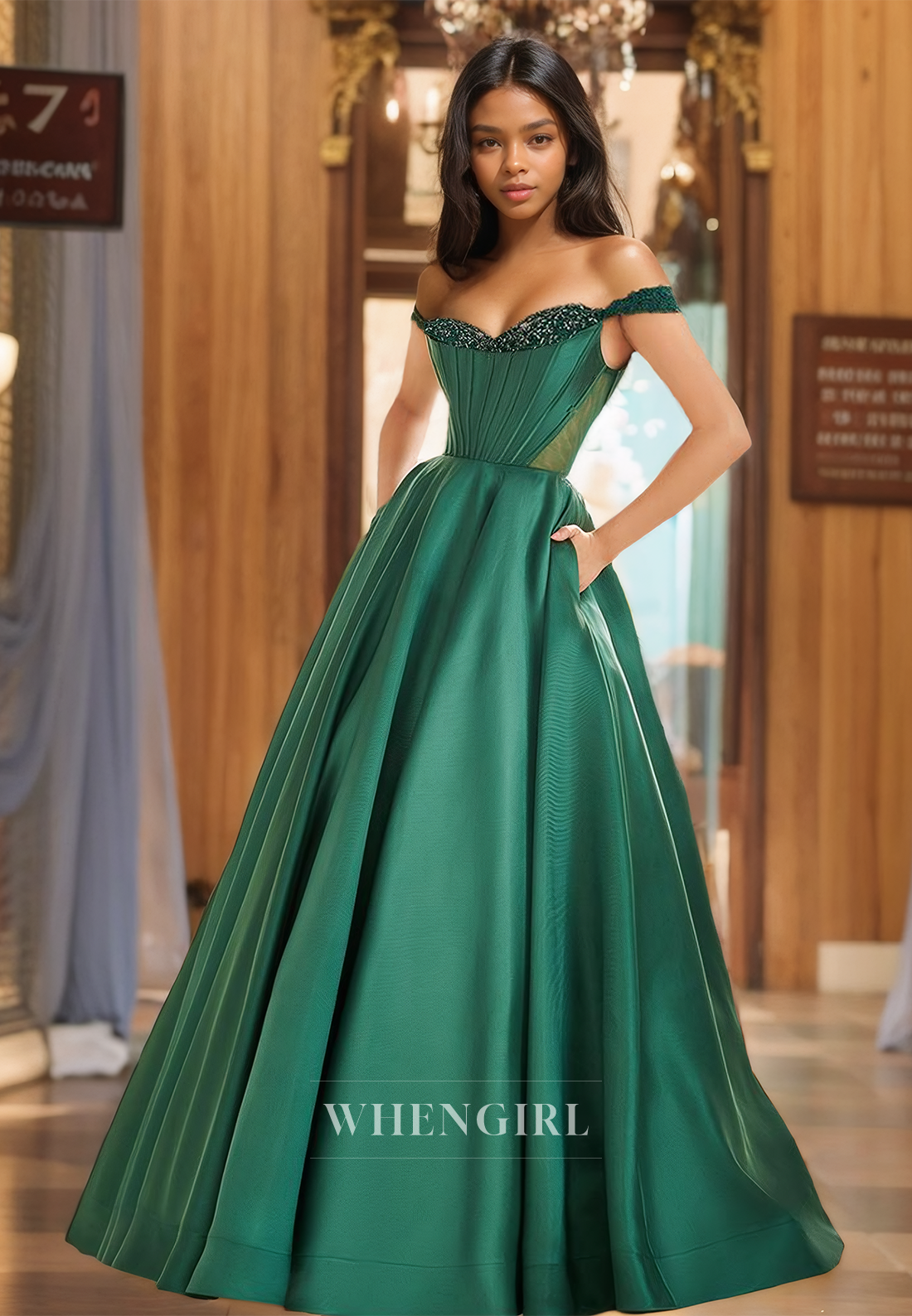 Off-Shoulder A-Line Sleeveless Floor-Length Stripe Pleats Satin Prom Dress Evening Gowns with Beads