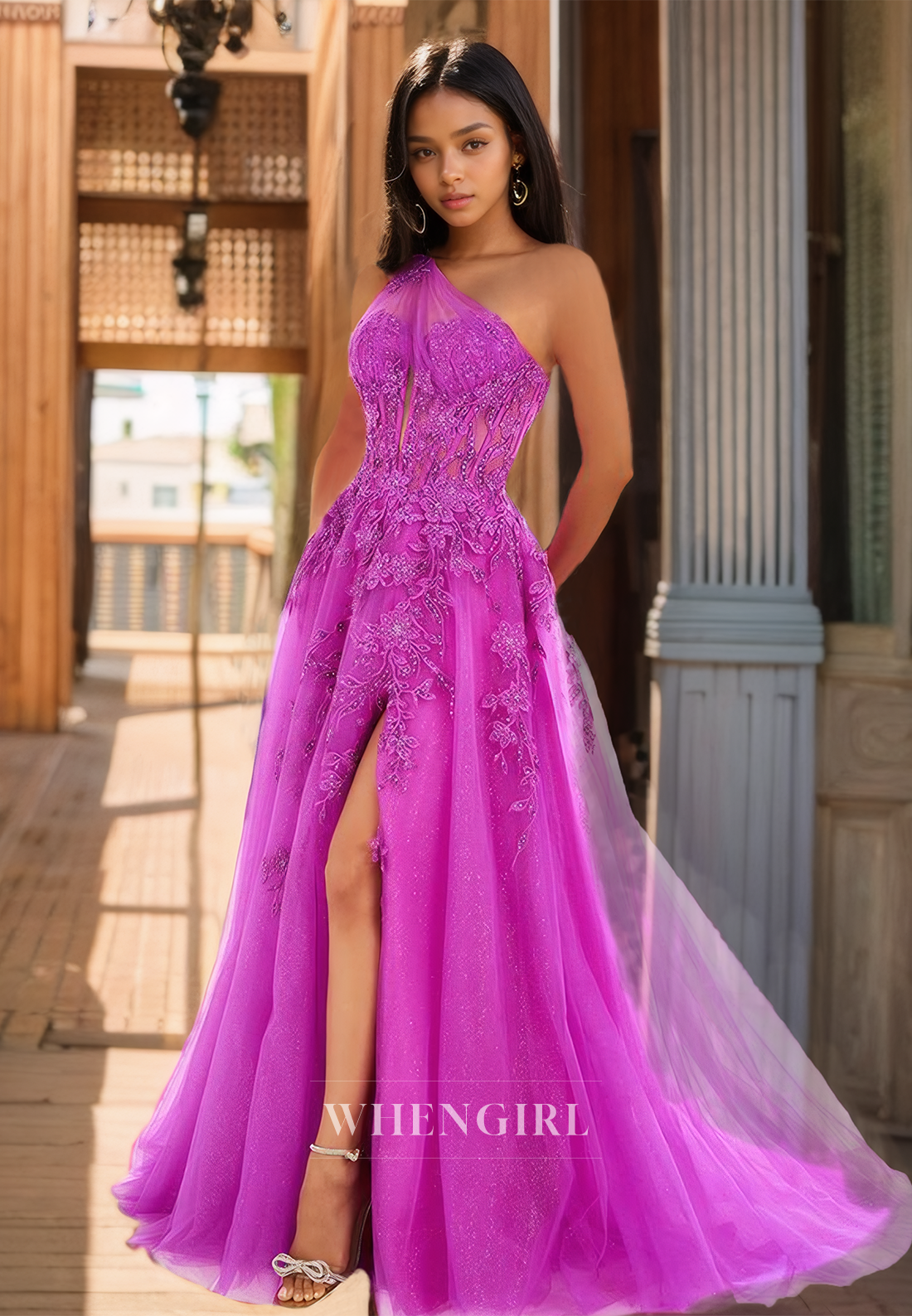 Asymmetrical One Shoulder A-Line Sleeveless High Slit Train Lace Prom Dress with Appliques Party Dress