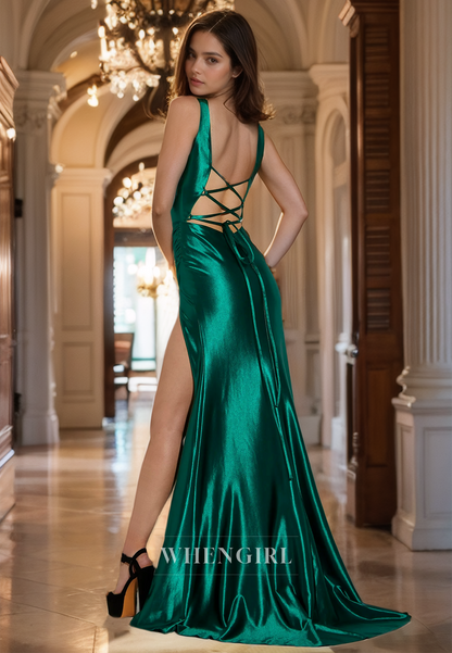 V-Neck Straps Sheath Sleeveless High Split Pleated Satin Prom Dress Formal Gowns with Train