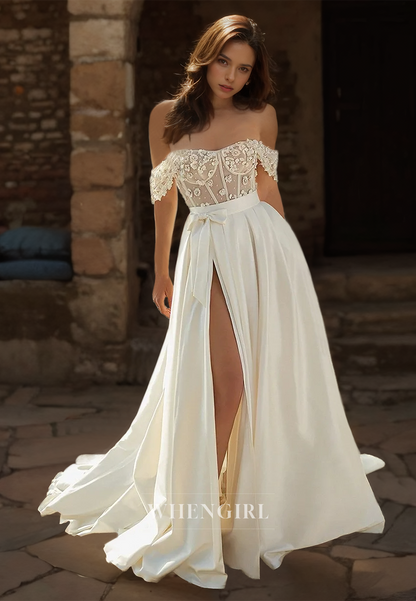 Off-Shoulder A-line Sleeveless High Slit Train Beads Floral Pleats Satin Wedding Dress with Bow Bridal Gown