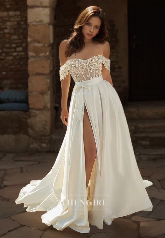 Off-Shoulder A-line Sleeveless High Slit Train Beads Floral Pleats Satin Wedding Dress with Bow Bridal Gown