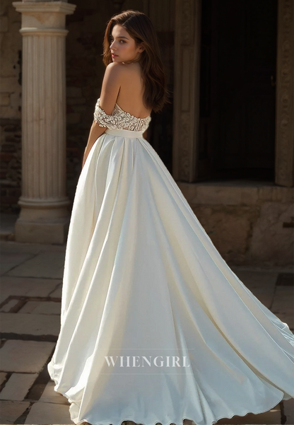 Off-Shoulder A-line Sleeveless High Slit Train Beads Floral Pleats Satin Wedding Dress with Bow Bridal Gown