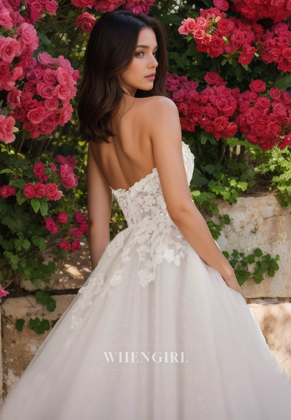 A-Line Sweetheart Sleeveless Sweep Train Pleats Lace Beach Wedding Dress Boho Gowns with Appliques