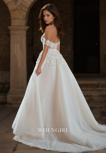 Off-Shoulder A-Line Sleeveless Train Stripe Sheer Appliques Lace Wedding Dress with Beads Bridal Gowns