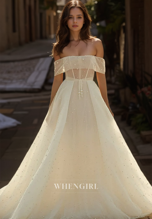 A-Line Off-Shoulder Sleeveless Train Stripe Sheer Lace Wedding Dress with Beads Bridal Gowns