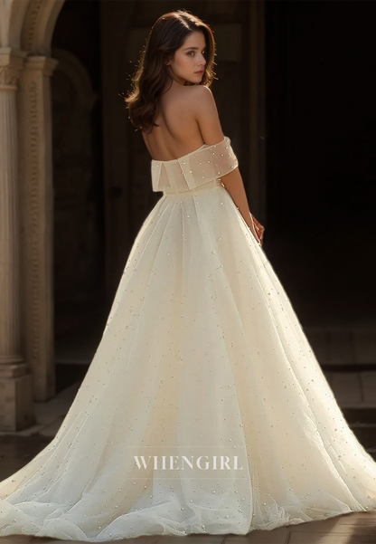 A-Line Off-Shoulder Sleeveless Train Stripe Sheer Lace Wedding Dress with Beads Bridal Gowns