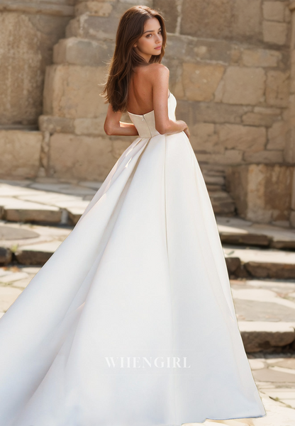 Asymmetrical One Shoulder Sleeveless Sheath High Split Pleated Satin Wedding Dress Bridal Gowns