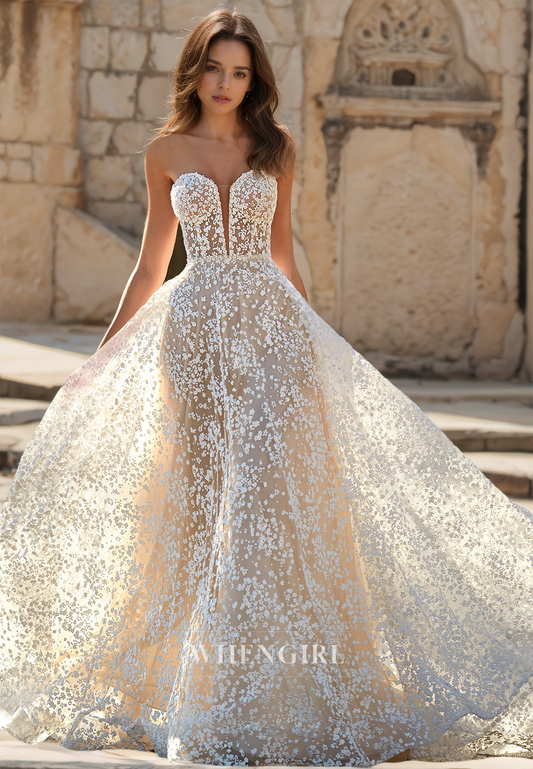 Sweetheart Sleeveless A-Line Floral Pleated Lace Wedding Dress Bridal Gowns with Sweep Train
