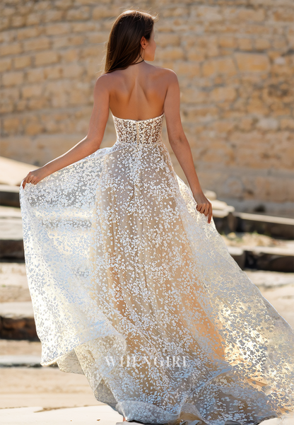 Sweetheart Sleeveless A-Line Floral Pleated Lace Wedding Dress Bridal Gowns with Sweep Train