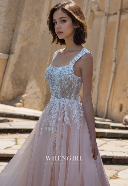 A-Line Square Neck Straps Sleeveless Train Pleats Lace Wedding Dress Bridal Gowns with Appliques