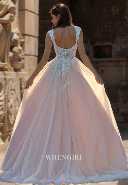 A-Line Square Neck Straps Sleeveless Train Pleats Lace Wedding Dress Bridal Gowns with Appliques