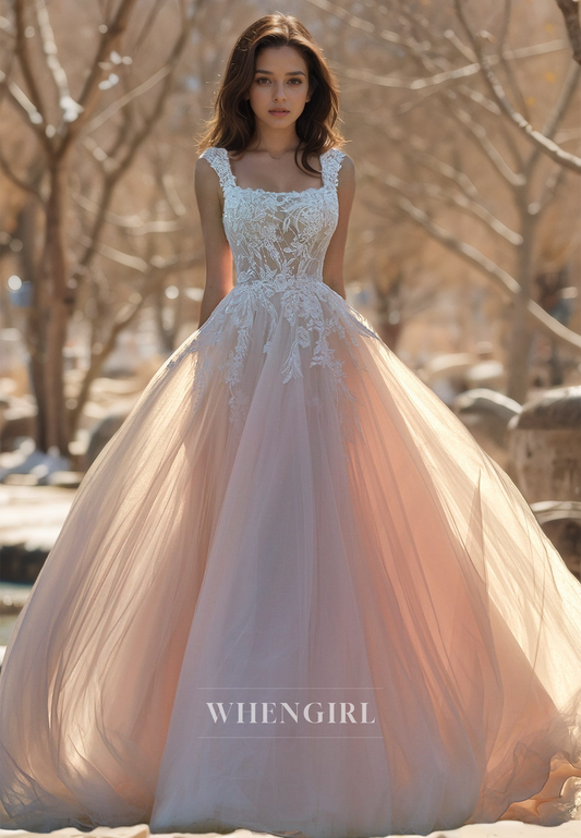 A-Line Square Neck Straps Sleeveless Train Pleats Lace Wedding Dress Bridal Gowns with Appliques