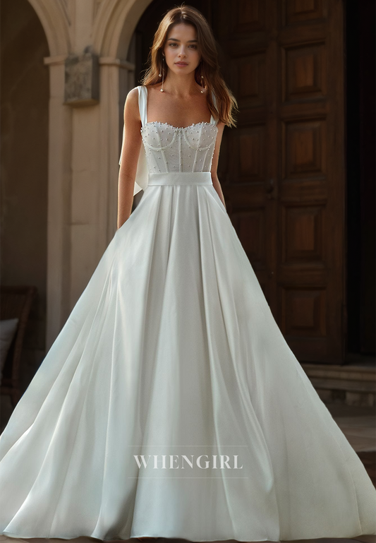 A-Line Sweetheart Straps Sleeveless Train Stripe Pleated Satin Wedding Dress Bridal Gowns with Beads