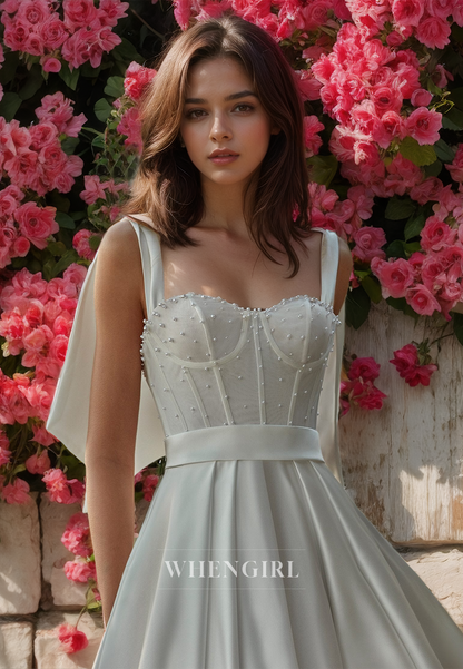 A-Line Sweetheart Straps Sleeveless Train Stripe Pleated Satin Wedding Dress Bridal Gowns with Beads