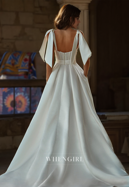 A-Line Sweetheart Straps Sleeveless Train Stripe Pleated Satin Wedding Dress Bridal Gowns with Beads