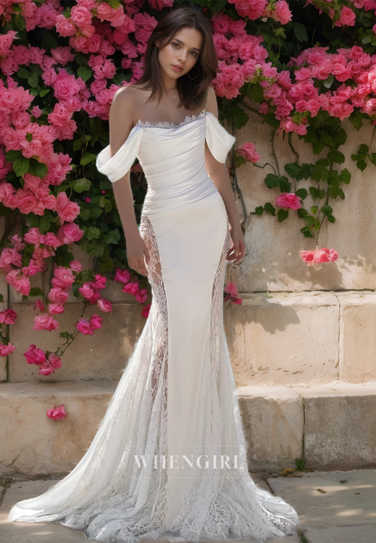 Off-Shoulder Tube Top Sleeveless Mermaid Sweep Train Pleated Boho Wedding Dress Bridal Gowns