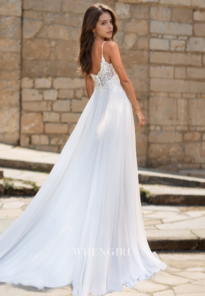 Spaghetti Straps Sleeveless A-Line V-Neck Split Appliques Lace Wedding Dress with Train Bridal Gowns