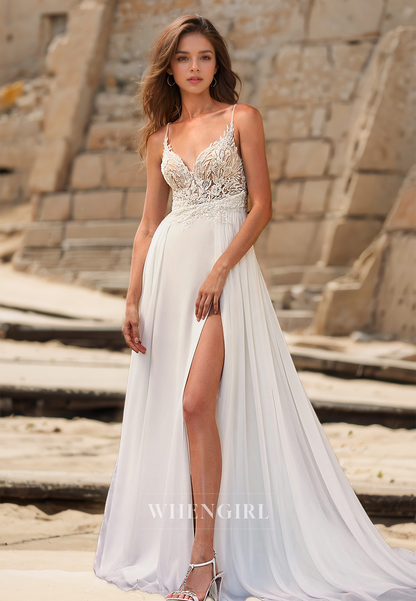 Spaghetti Straps Sleeveless A-Line V-Neck Split Appliques Lace Wedding Dress with Train Bridal Gowns