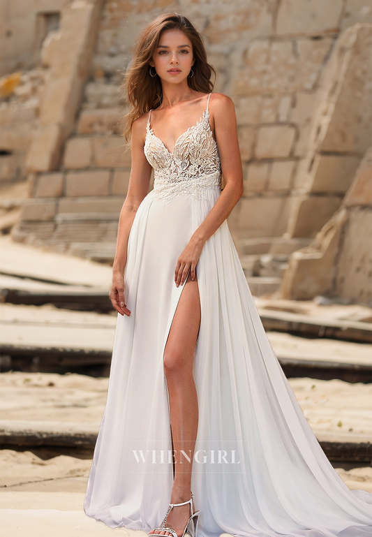 Spaghetti Straps Sleeveless A-Line V-Neck Split Appliques Lace Wedding Dress with Train Bridal Gowns