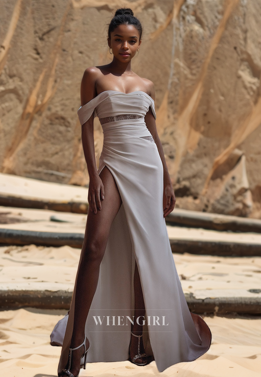 Off-Shoulder Sweetheart Sheath Sleeveless High Split Pleated Satin Bridal Gowns with Train Wedding Dress