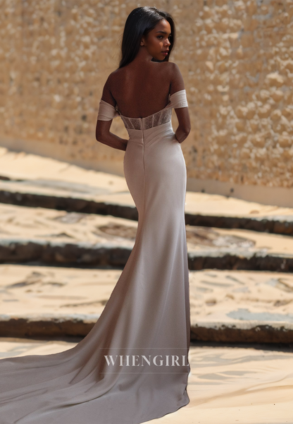 Off-Shoulder Sweetheart Sheath Sleeveless High Split Pleated Satin Bridal Gowns with Train Wedding Dress