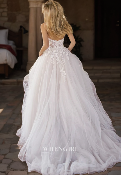 A-Line Sweetheart Sleeveless Sweep Train Pleats Lace Beach Wedding Dress Boho Gowns with Appliques