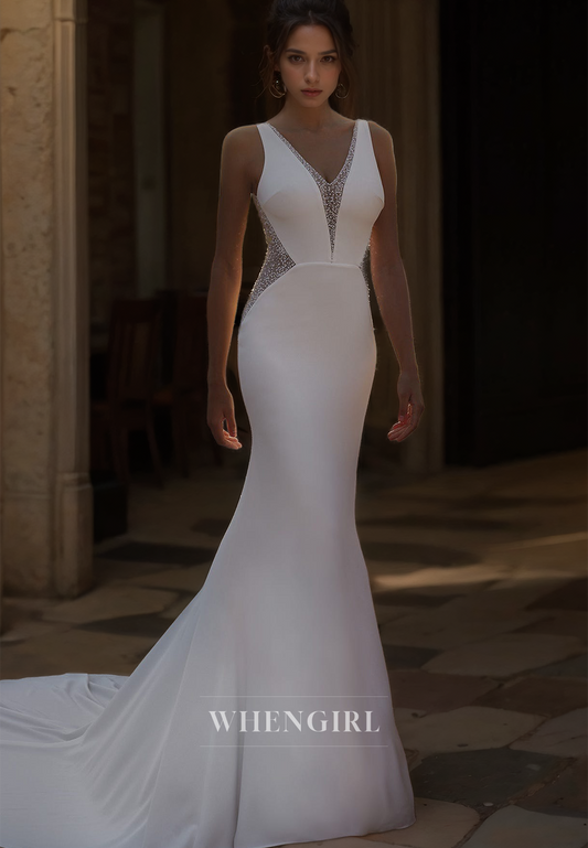 V-Neck Straps Mermaid Wedding Dress Sleeveless Sweep Train Bridal Gowns with Beaded