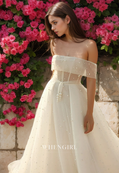 A-Line Off-Shoulder Sleeveless Train Stripe Sheer Lace Wedding Dress with Beads Bridal Gowns