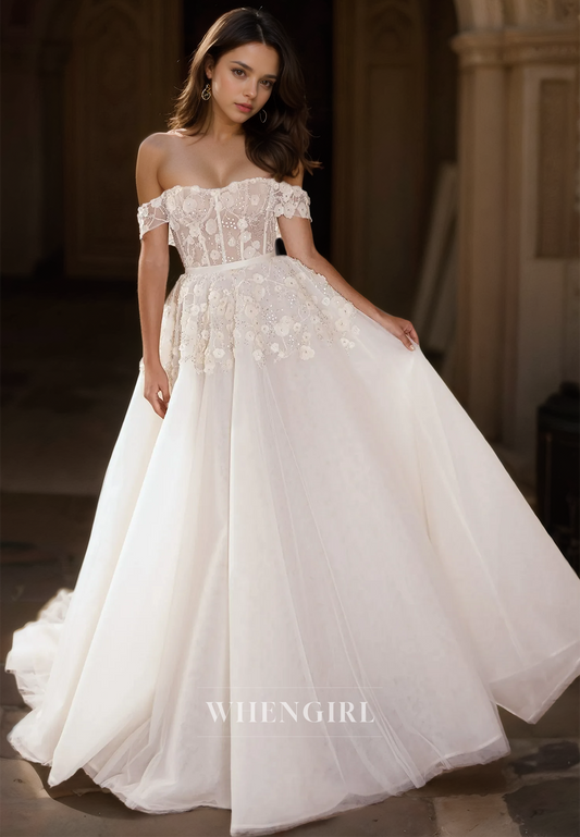 Off-Shoulder A-Line Sleeveless Train Stripe Sheer Appliques Lace Wedding Dress with Beads Bridal Gowns