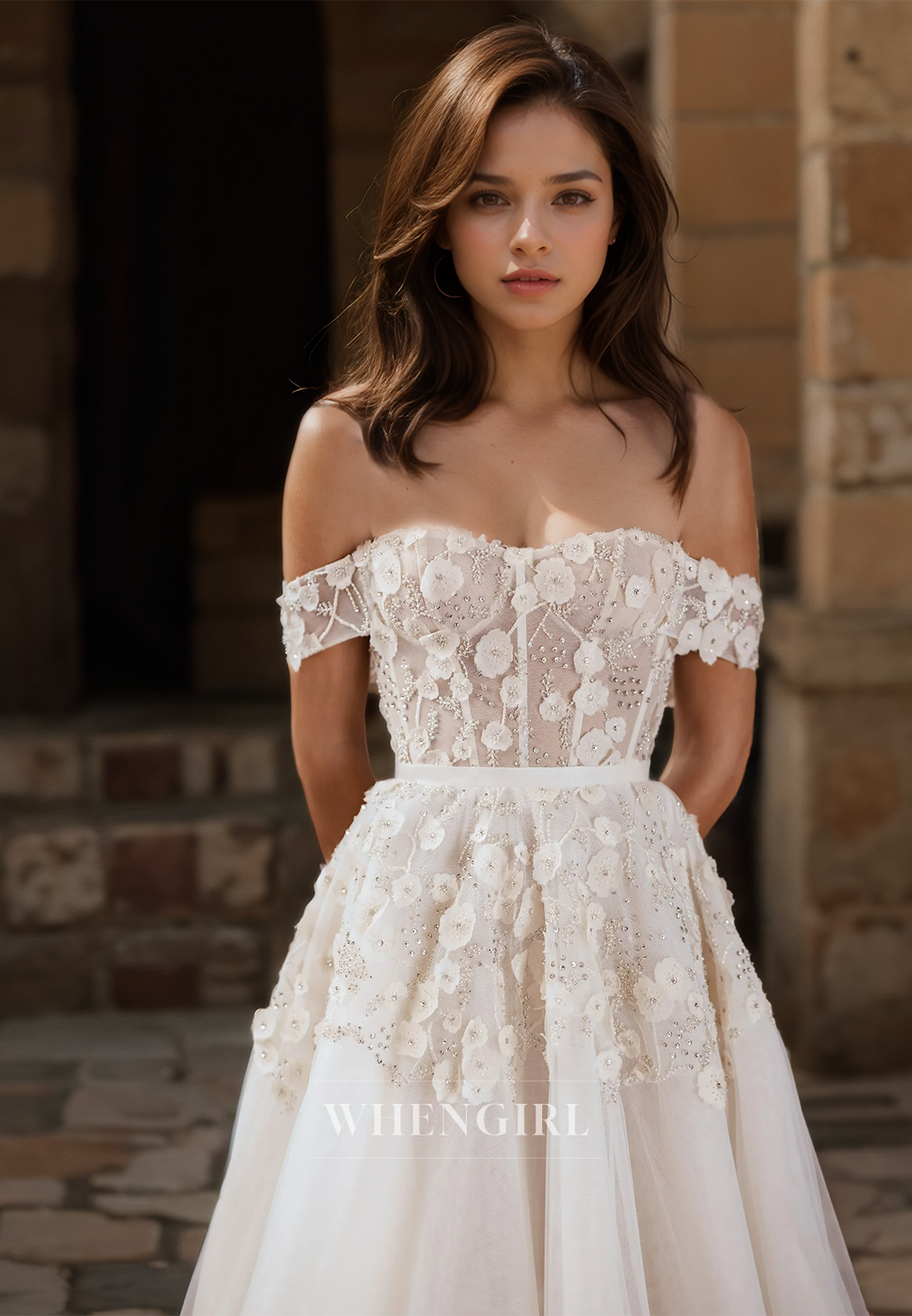Off-Shoulder A-Line Sleeveless Train Stripe Sheer Appliques Lace Wedding Dress with Beads Bridal Gowns