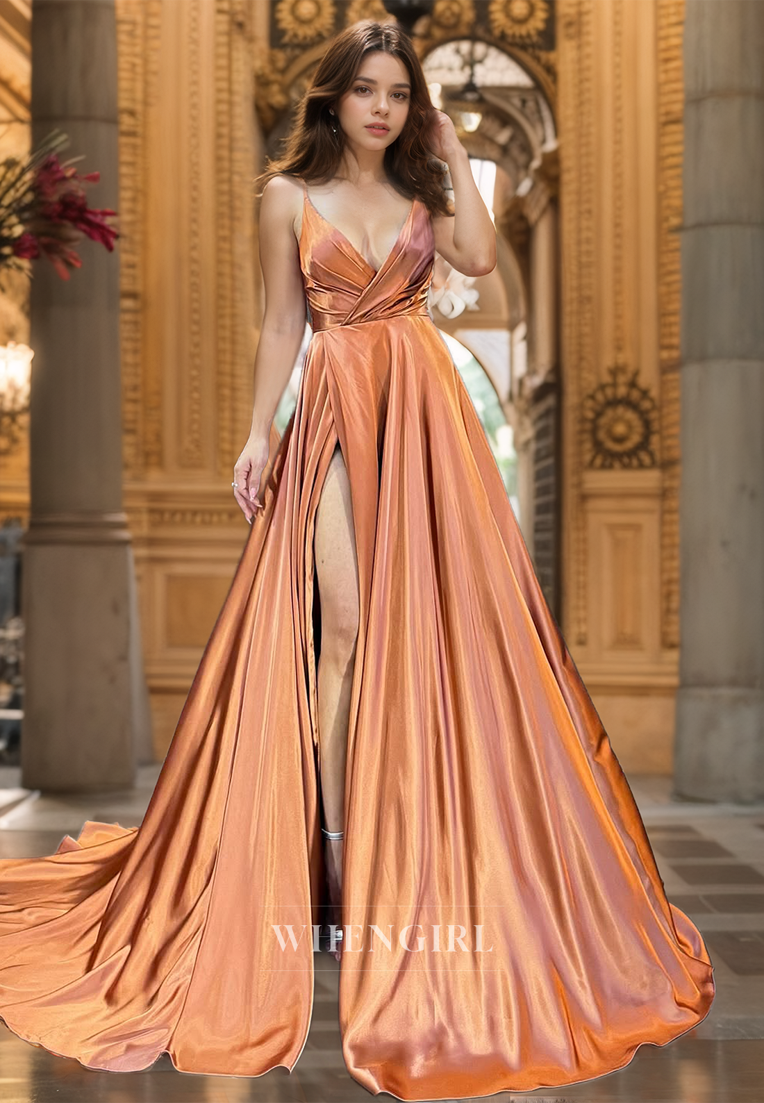 Charming A-Line Spaghetti Straps V-Neck Side Slit Pleats Satin Formal Prom Dress with Train