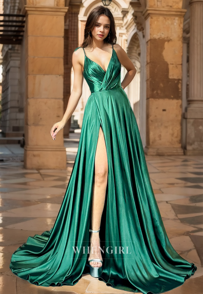 Charming A-Line Spaghetti Straps V-Neck Side Slit Pleats Satin Formal Prom Dress with Train