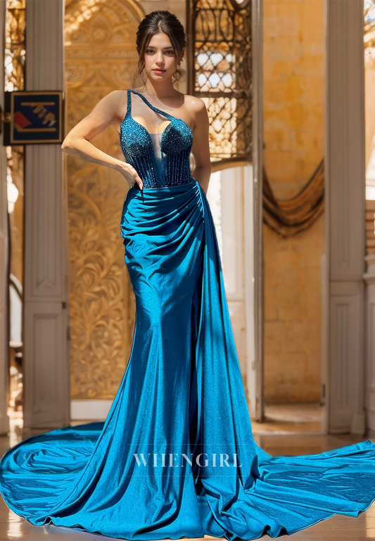 Asymmetrical One Shoulder Sleeveless Sheath Sweep Train Pleats Evening Prom Dress with Beads