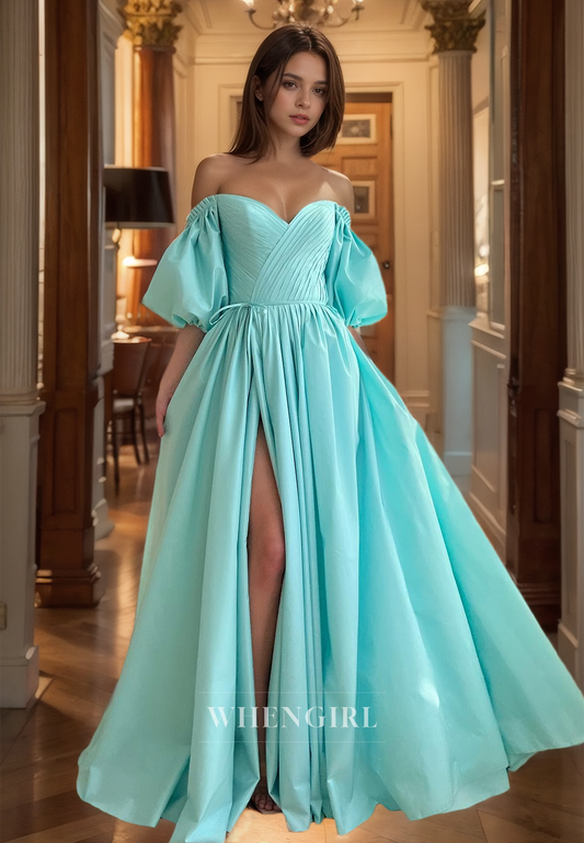 A-Line Puff Sleeves Sweetheart Floor-Length Ruched Satin Prom Dress Evening Gown with High Slit