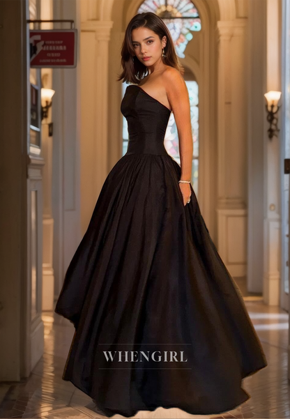 Tube Top A-Line Sleeveless Prom Dress Floor-Length Pleated Satin Evening Dress