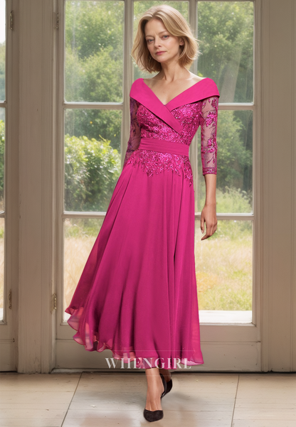 Elegant&Luxurious A-Line V-Neck Long Sleeves Chiffon Mother of Bride with Appliques Cocktail Dress