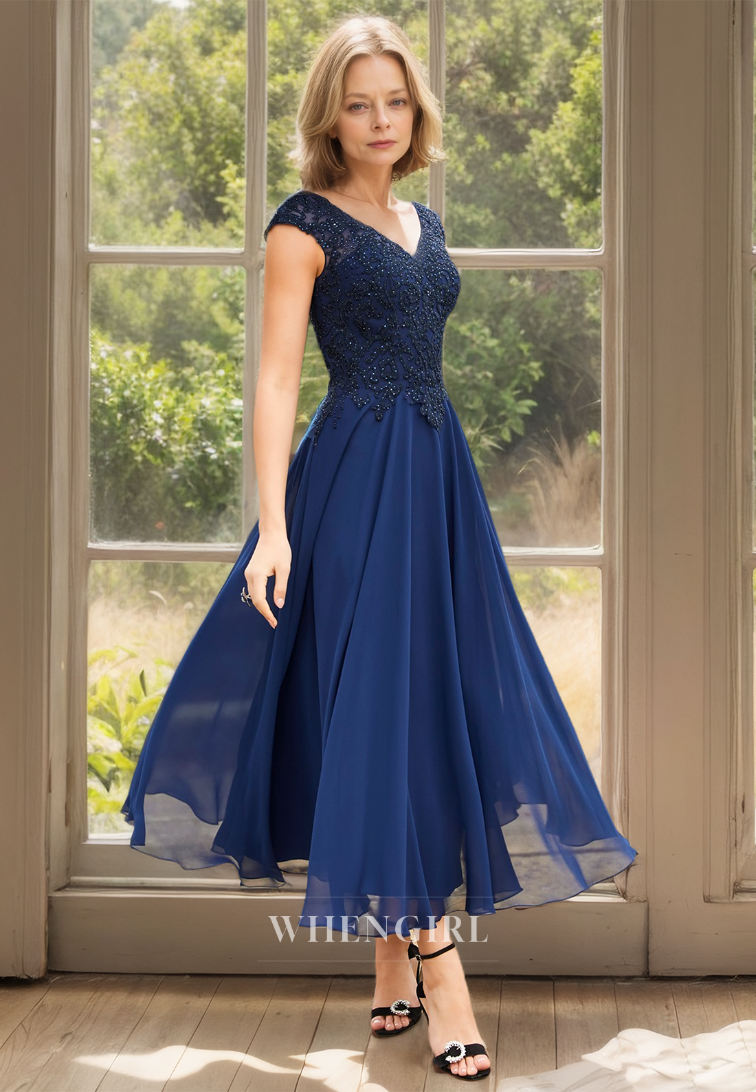 Cap Sleeves A-Line Sleeveless V-Neck Beads Pleats Chiffon Mother of Groom with Appliques Cocktail Dress