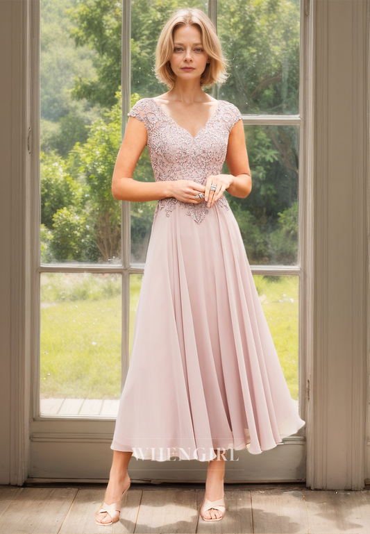 Cap Sleeves A-Line Sleeveless V-Neck Beads Pleats Chiffon Mother of Groom with Appliques Cocktail Dress