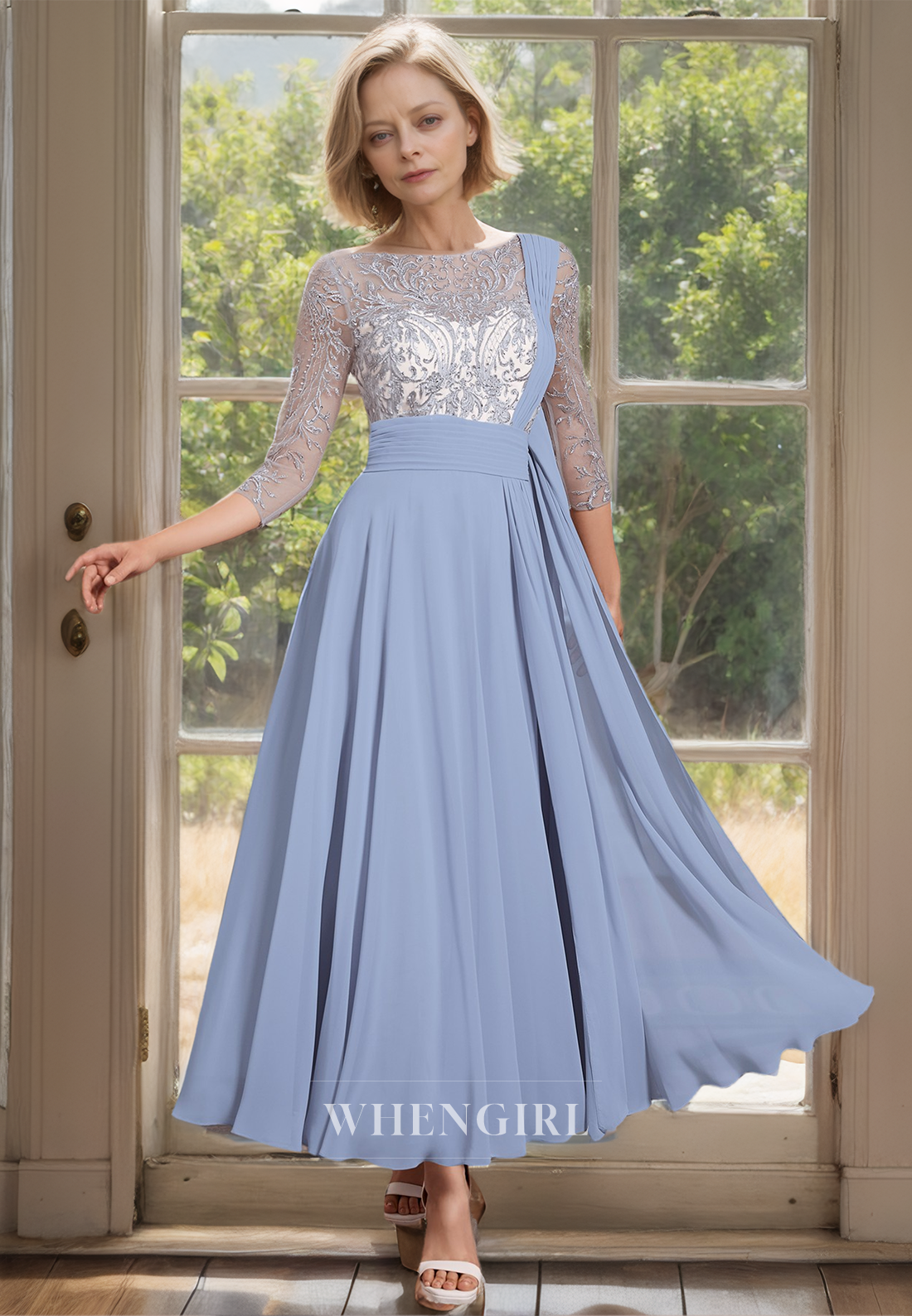 Scoop Neck A-Line Long Sleeves Pleats Chiffon Cocktail Dress with Appliques Mother of Groom