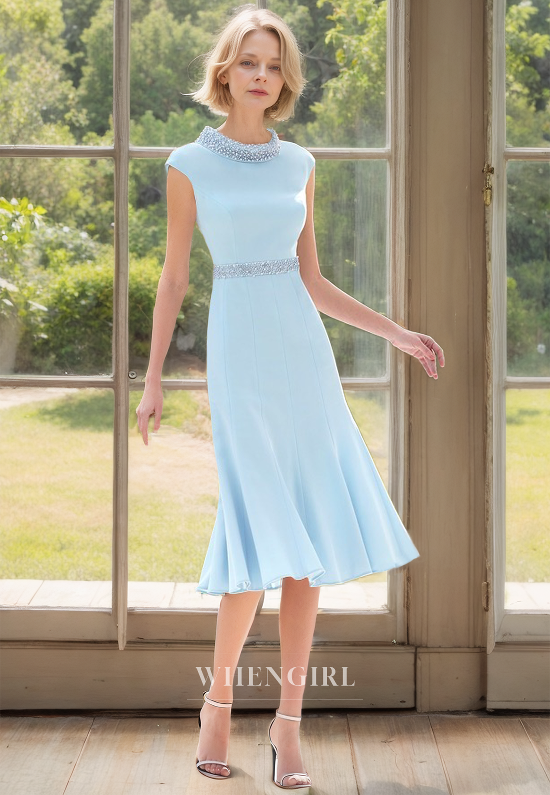 A-Line Scoop Neck Cap Sleeves Two Piece Chiffon Cocktail Dress Mother of Bride Dress with Beads