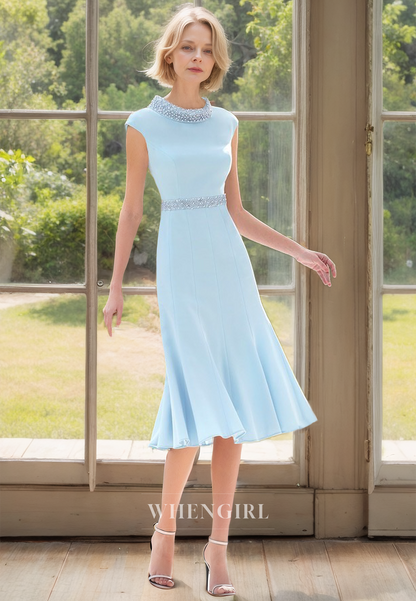 A-Line Scoop Neck Cap Sleeves Two Piece Chiffon Cocktail Dress Mother of Bride Dress with Beads