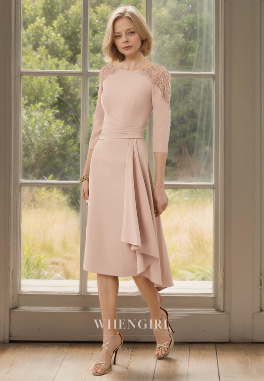 Half Sleeves Scoop Neck Sheath Knee-Length Chiffon Cocktail Dress with Appliques Mother of Bride