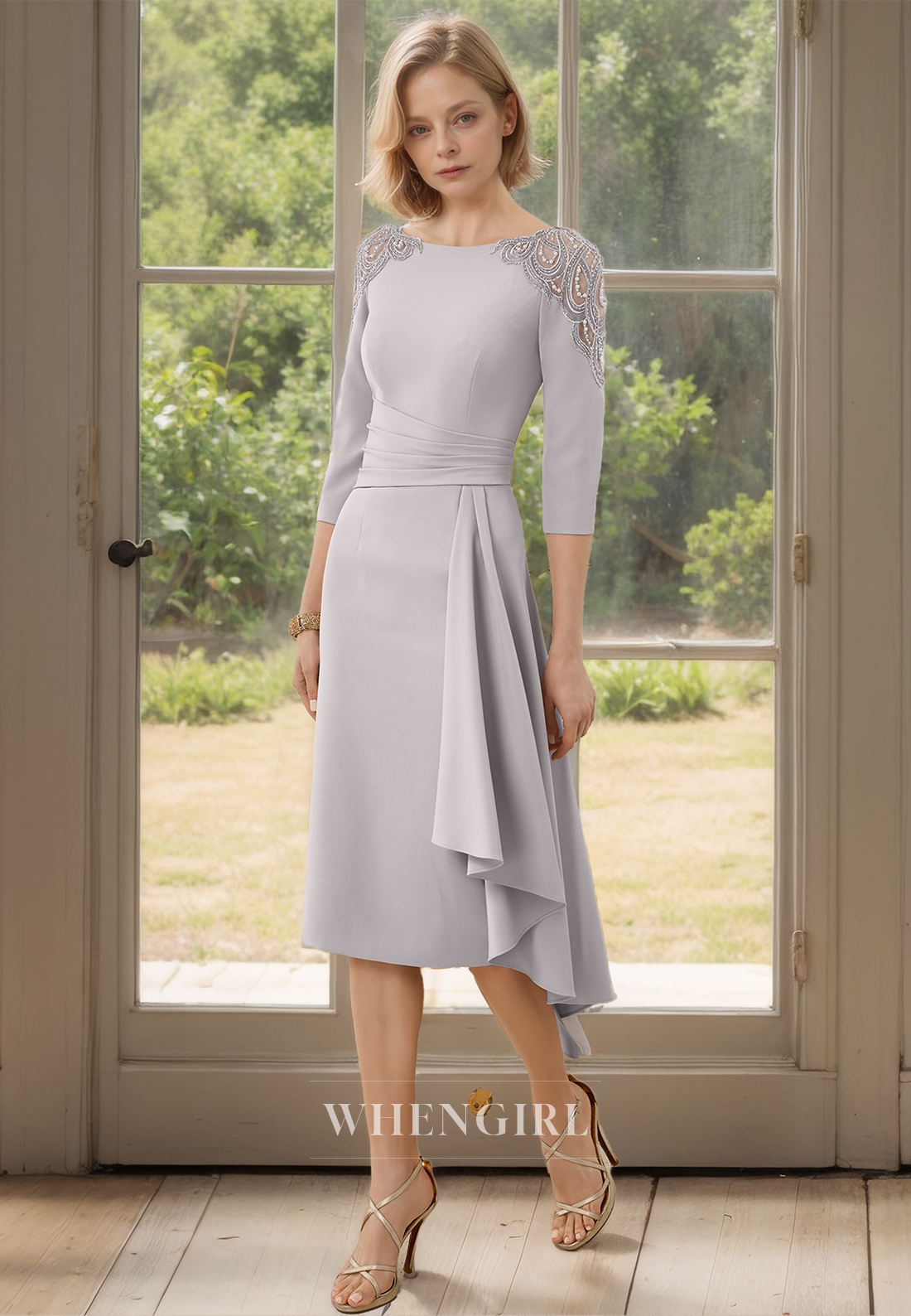 Half Sleeves Scoop Neck Sheath Knee-Length Chiffon Cocktail Dress with Appliques Mother of Bride