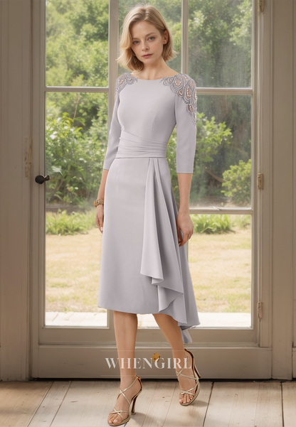Half Sleeves Scoop Neck Sheath Knee-Length Chiffon Cocktail Dress with Appliques Mother of Bride