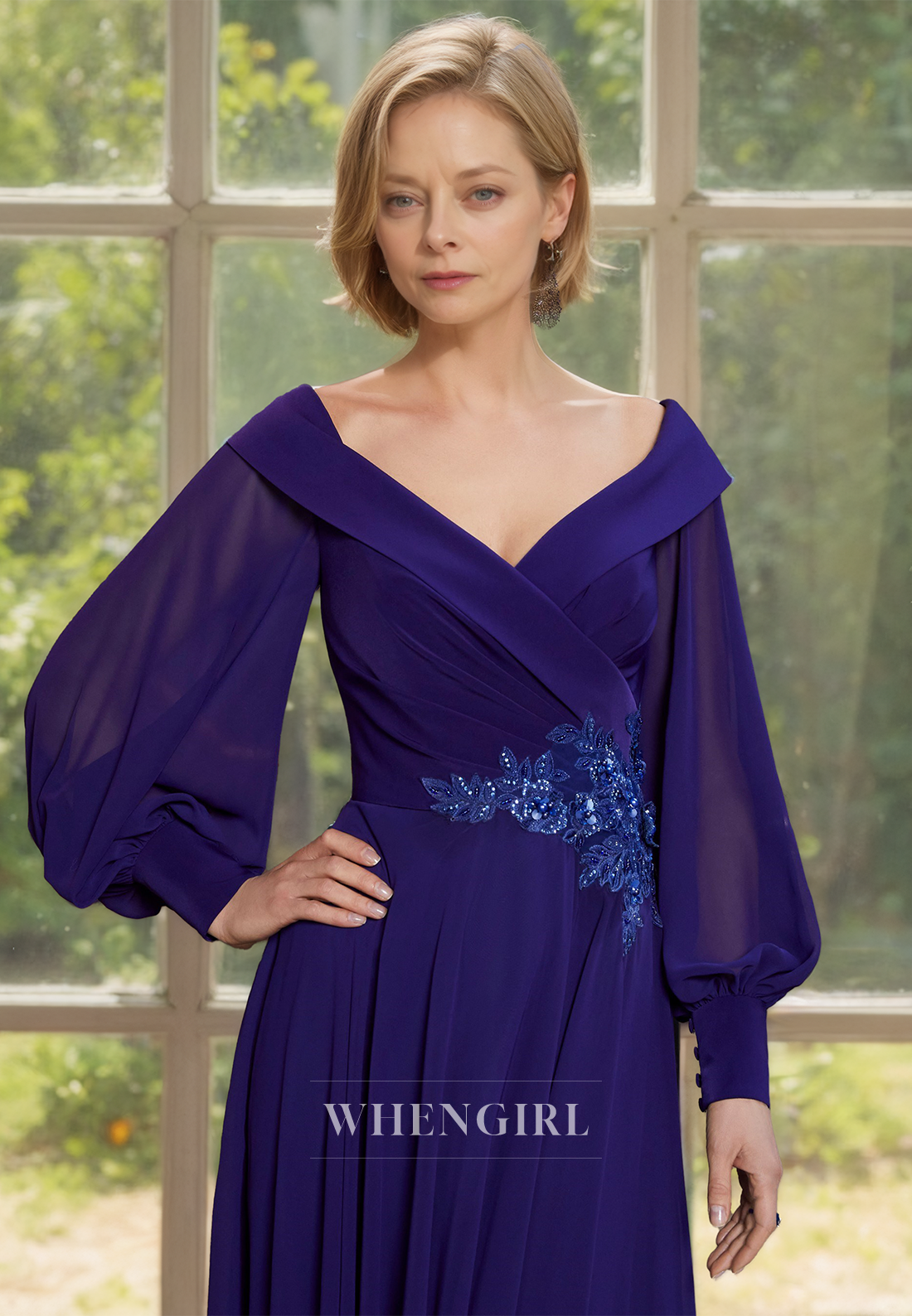 A-Line V-Neck Long Sleeves Pleated Appliques Lace Cocktail Dress with Beaded Mother of Bride Dress