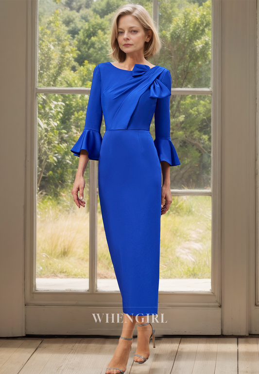 Scoop Neck Long Sleeves Ankle-Length Sheath Satin Mother of Bride Dress with Bow Cocktail Gowns