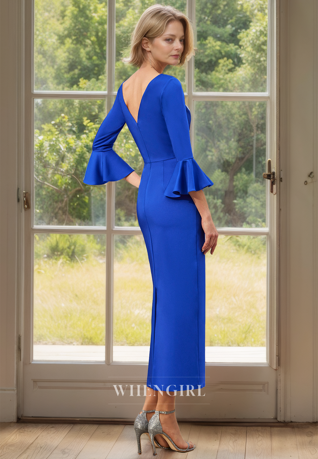 Scoop Neck Long Sleeves Ankle-Length Sheath Satin Mother of Bride Dress with Bow Cocktail Gowns