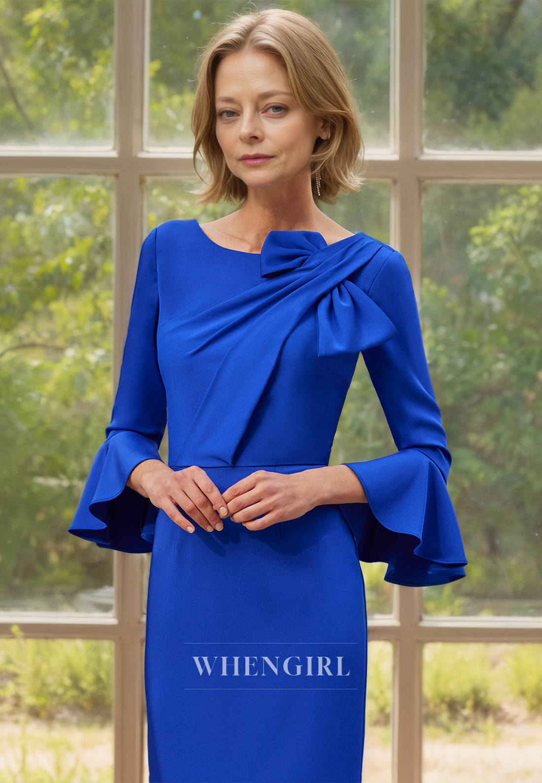Scoop Neck Long Sleeves Ankle-Length Sheath Satin Mother of Bride Dress with Bow Cocktail Gowns