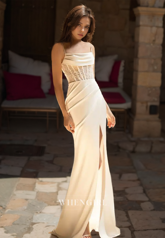 Square Neck Spaghetti Straps Sheath Appliques Satin High Slit Wedding Dress with Beads Bridal Gowns
